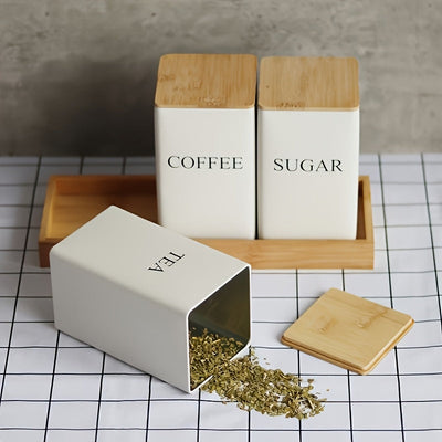 Juego de 3 contenedores de almacenamiento de metal elegantes con tapas de bambú - Perfectos para té, café y azúcar, con un diseño apilable, ideal para la organización y almacenamiento de la cocina.