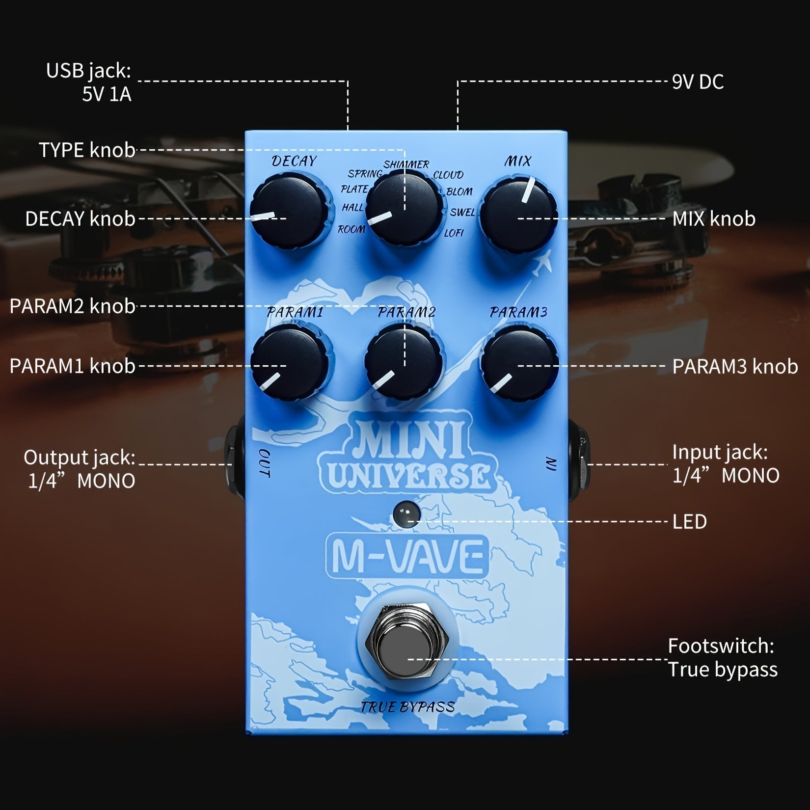 Pedal de reverberación M-VAVE Mini Universe, alimentación USB y DC, 9 efectos: Room, Hall, Plate, Shimmer, Cloud, Bloom, Swell, Lofi, bypass verdadero, diseño compacto con perillas fáciles de usar, ideal para músicos, efectos de guitarra, efectos de guit