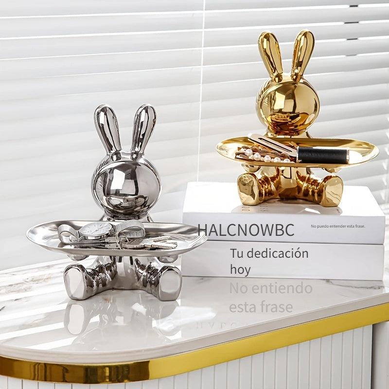 Bandeja de cerámica moderna con forma de conejo para almacenamiento - Soporte de madera, ideal como organizador de llaves y joyas, perfecto para decorar la entrada.