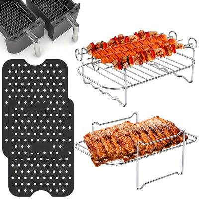 Juego de Accesorios para Freidora de Aire de 8 Piezas con 2 Tapetes de Silicona Antiadherentes, 2 Rejillas de Acero Inoxidable y 4 Brochetas - Resistentes al Calor, Reutilizables para Cocinar Saludable, Hornear y Asar - Incluye Compatibilidad con Cesta D