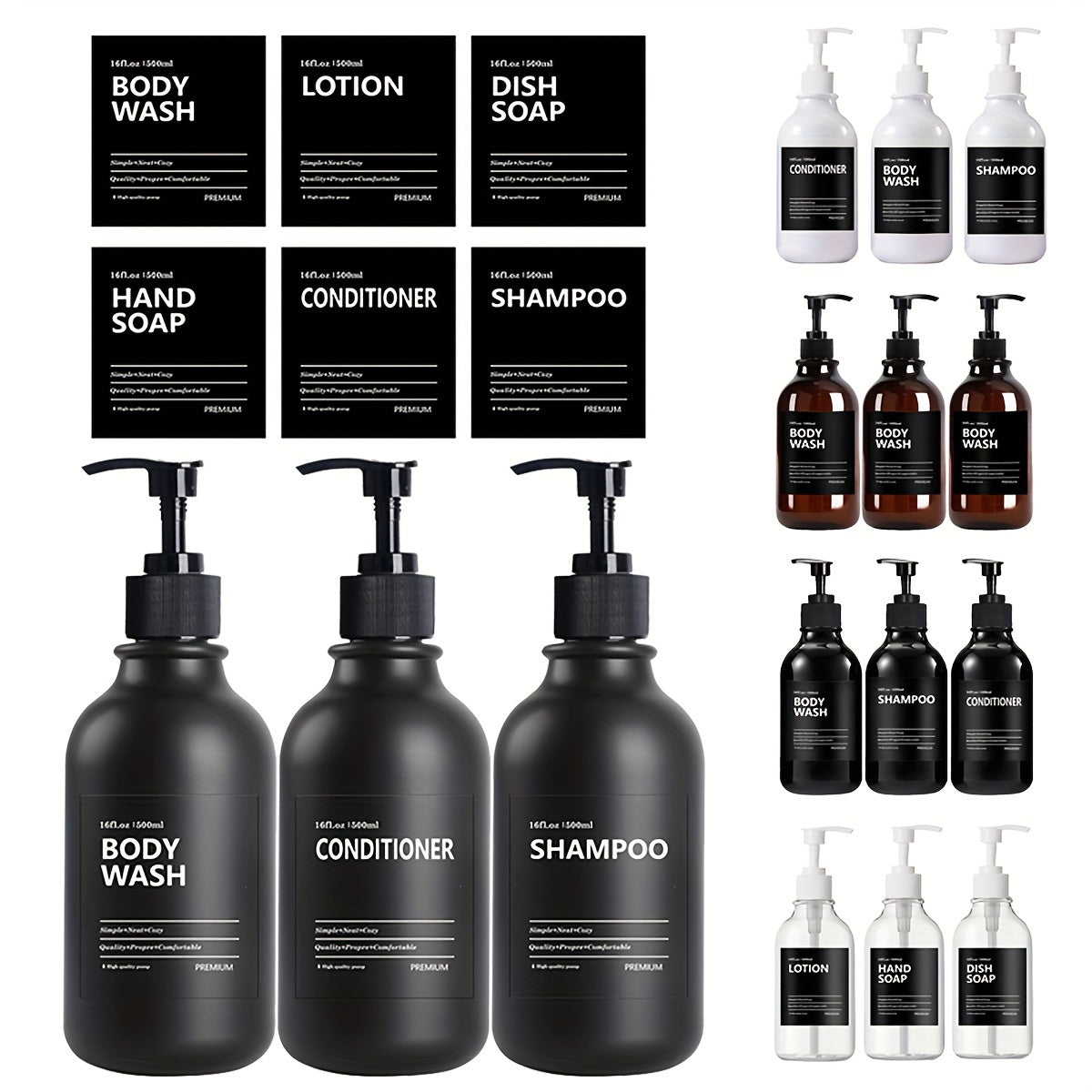 3pcs Botella Redonda de 500ml para Aceites Esenciales y Jabón en Gel, Dispensadores de Plástico con Etiquetas Removibles (Gel de Ducha, Loción, Jabón para Manos, Acondicionador) - Incluye 6 Etiquetas