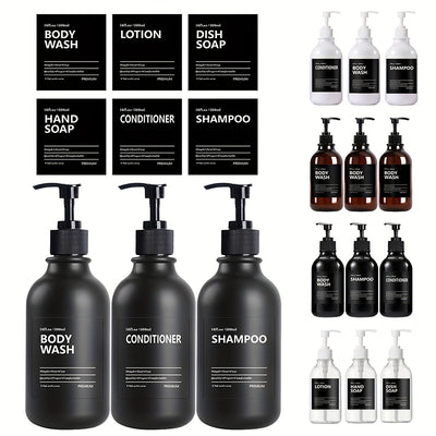 3pcs Botella Redonda de 500ml para Aceites Esenciales y Jabón en Gel, Dispensadores de Plástico con Etiquetas Removibles (Gel de Ducha, Loción, Jabón para Manos, Acondicionador) - Incluye 6 Etiquetas