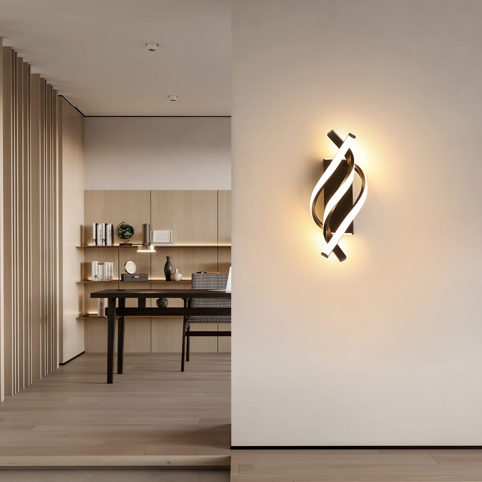 Aplicación de Pared LED Espiral Moderna - Regulable, Iluminación de 3 Colores, Diseño Curvo, Lámpara Acrílica Interior para Dormitorio, Sala de Estar y Pasillo, Acabado Metálico Pulido, Blanco
