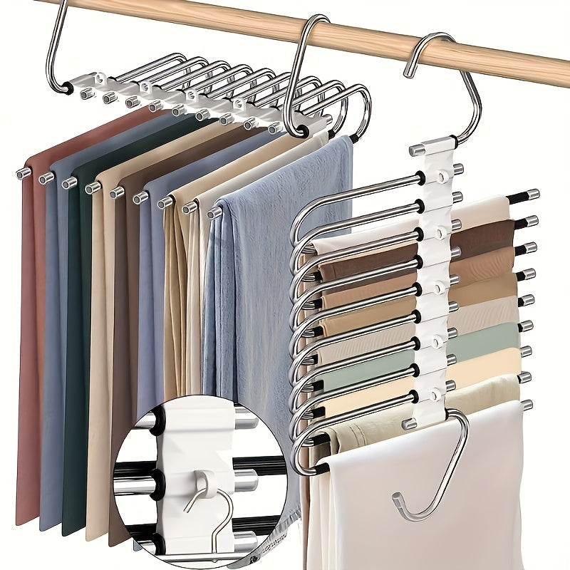 Estante de 9 capas de metal con acabado antideslizante, 5 ganchos, diseño de acero inoxidable para jeans ajustados y denim - Reducción del 80% de la desorganización, organizador de ropa y almacenamiento.