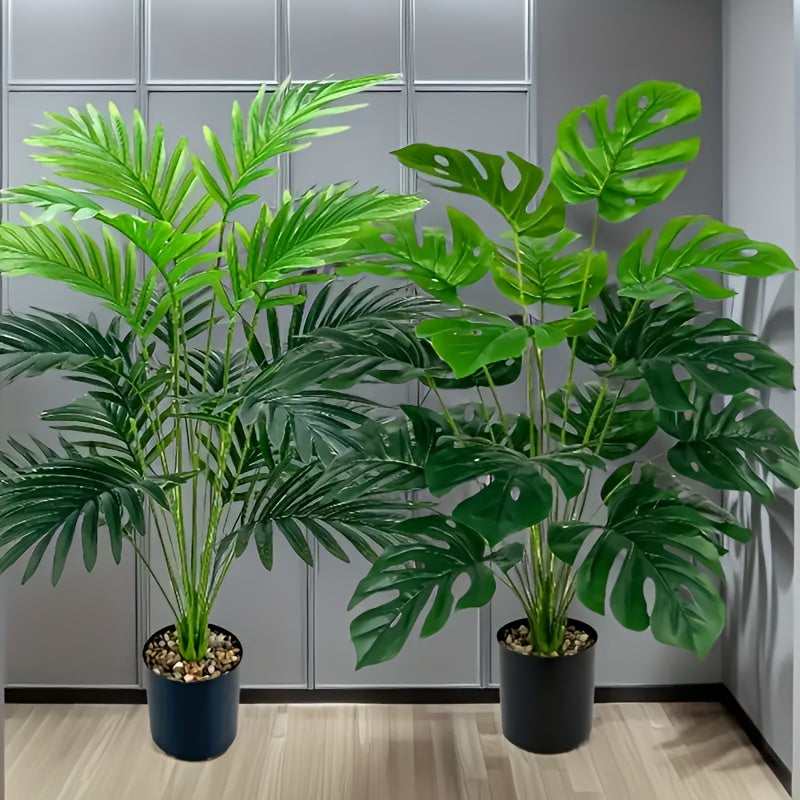 2 palmeras artificiales grandes con 24 hojas realistas cada una - Decoración de plástico resistente a los rayos UV para interiores y exteriores, hogar, oficina, hotel, fiestas - No necesita maceta, sin mantenimiento, decoración con palmeras