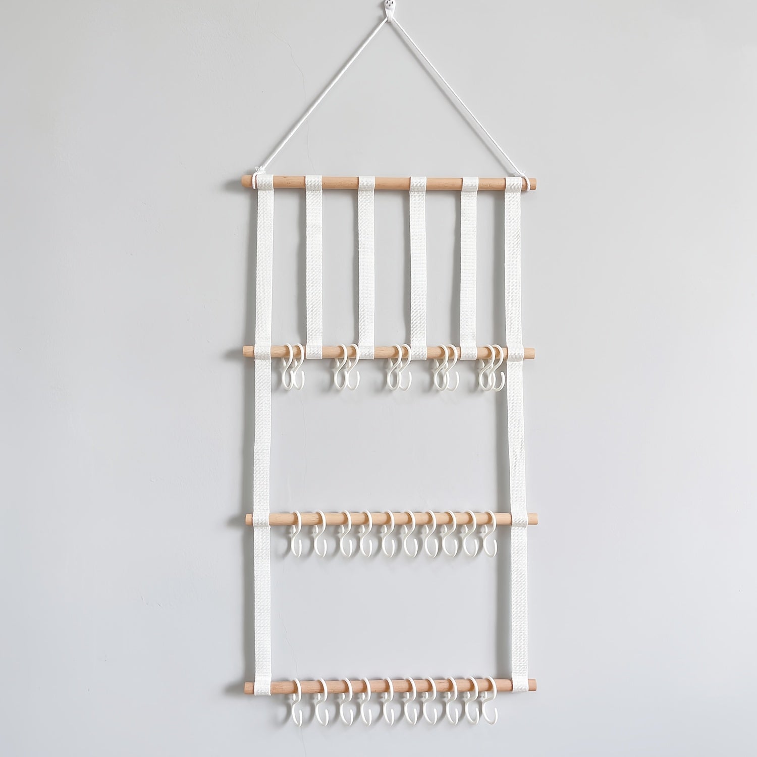 Estantería de almacenamiento para accesorios para el cabello con palos de madera, decoración de pared colgante para el hogar, 3 capas de creatividad, equipada con 30 ganchos de plástico desmontables