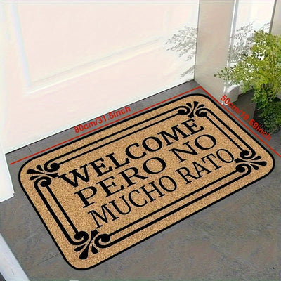 Tapete de bienvenida con diseño floral en tono café elegante, "WELCOME PERO NO MUCHO RATÓN", fibra de poliéster, solo lavado a mano, ideal para entrada de casa, decoración interior, porche y sala, accesorio hogareño elegante, texto en letra cursiva