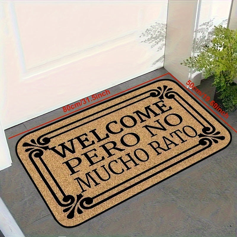 Tapete de bienvenida con diseño floral en tono café elegante, "WELCOME PERO NO MUCHO RATÓN", fibra de poliéster, solo lavado a mano, ideal para entrada de casa, decoración interior, porche y sala, accesorio hogareño elegante, texto en letra cursiva