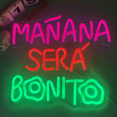 Una pieza de un vibrante letrero de neón: una elegante decoración de pared con luz LED de neón que mejora el ambiente, con una iluminación nocturna brillante y llamativa, con el refrán español "Mañana será hermoso". Funciona sin pilas y tiene un control