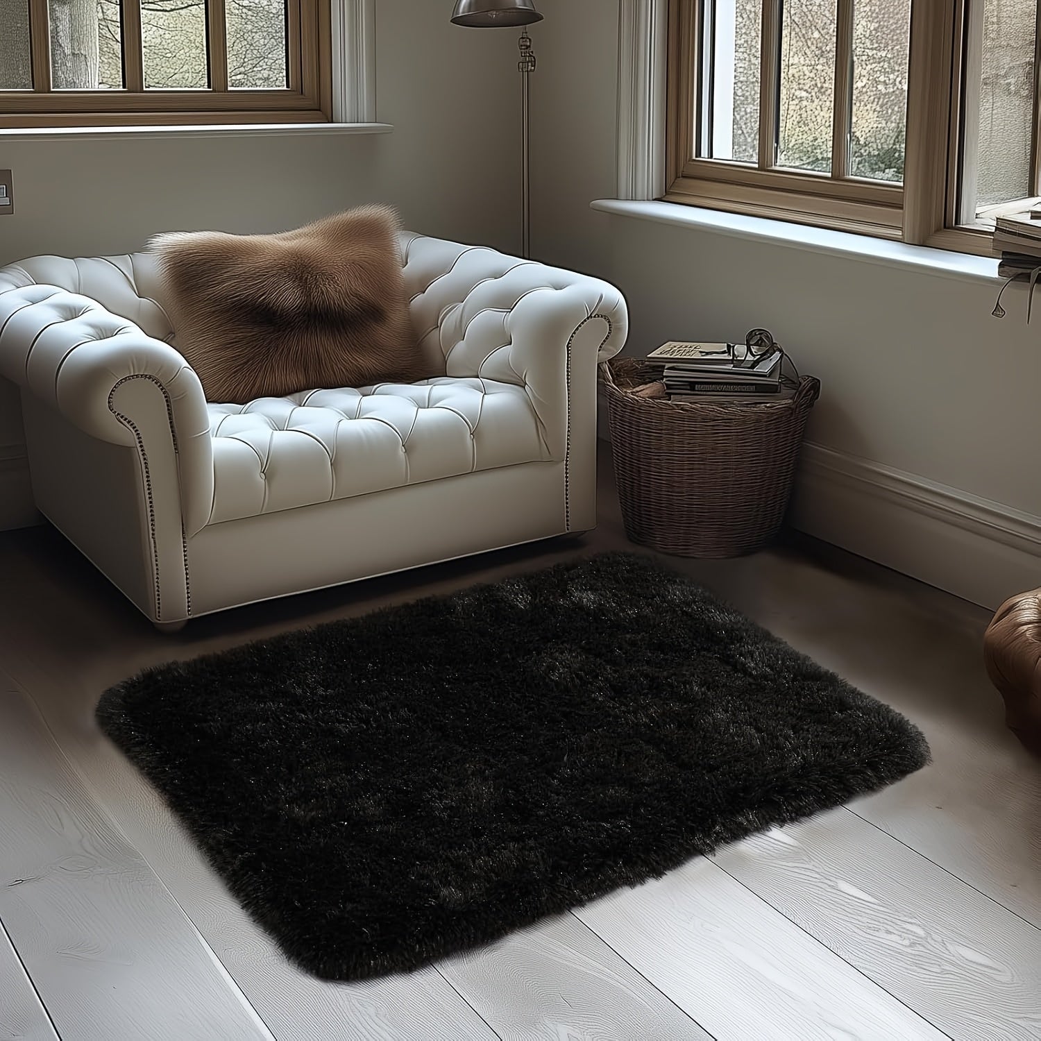 Alfombra suave y esponjosa de lujo, color negro sólido, lavable a mano, de poliéster, para uso en interiores en dormitorios y decoración del hogar, forma rectangular, tapetes para habitaciones