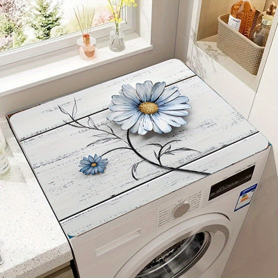 1 pieza de alfombrilla de cubierta para lavadora y secadora floral - Diseño de margaritas azules, tejido de poliéster absorbente, decoración de habitación de lavado, cocina y baño | Diseño de encanto rural | Alfombrilla duradera