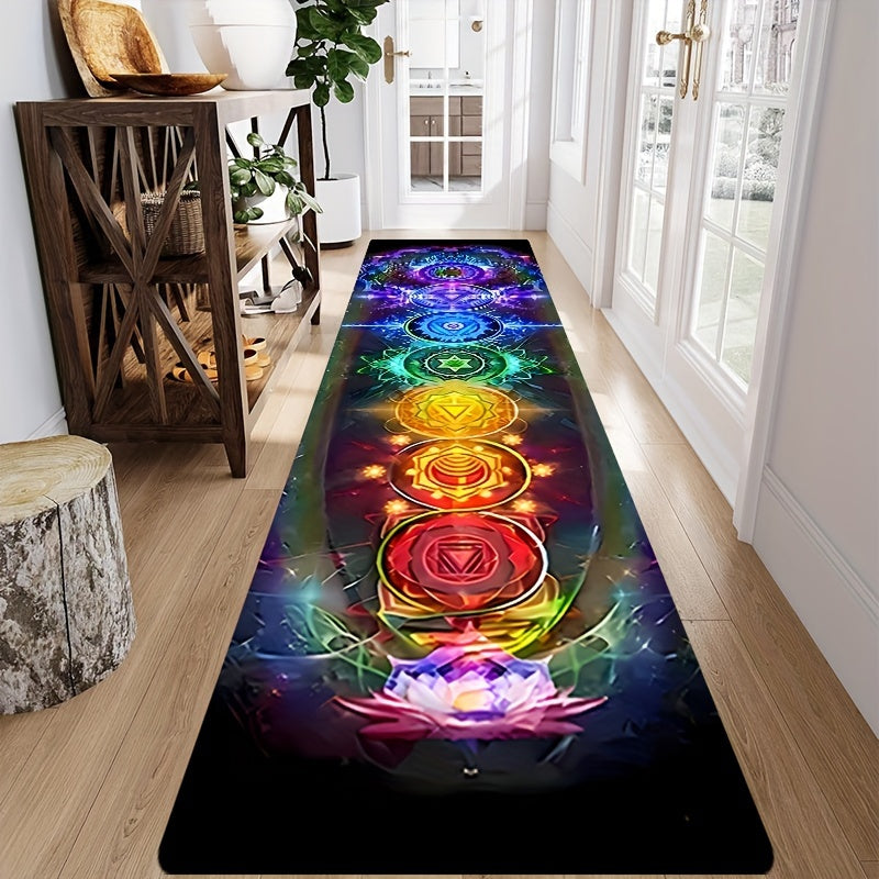 1 alfombra de chakras con diseño de 7 centros de energía, antideslizante, lavable a máquina, 1.1 cm de grosor, de poliéster, para uso en interiores/exteriores en cocina, dormitorio, entrada - Ideal para meditación, yoga y decoración navideña (negro), alf