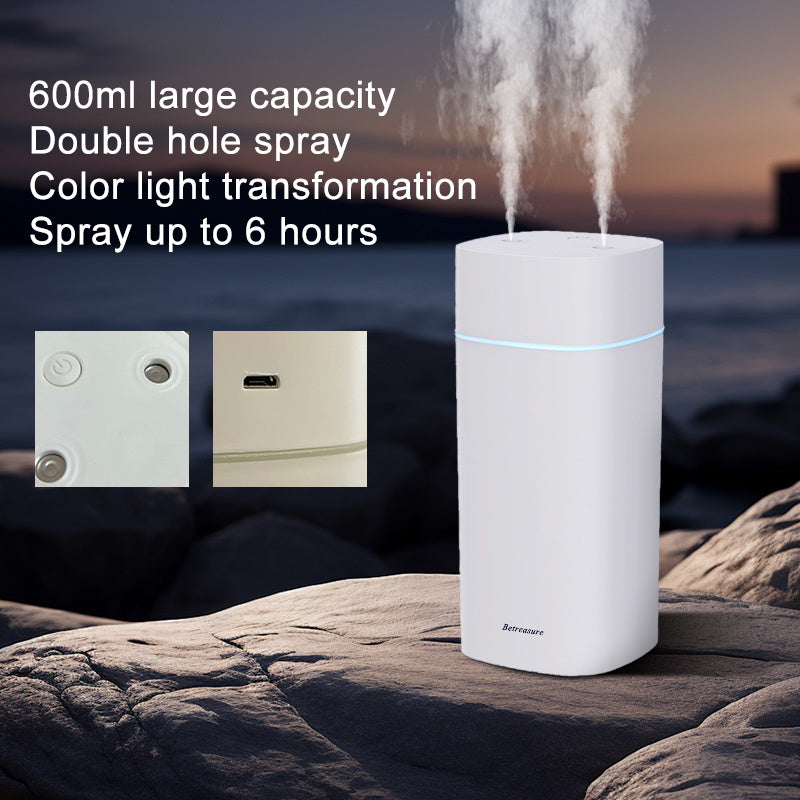 Humidificador portátil de 600 ml con doble orificio USB, tecnología de ondas de sonido silenciosas, niebla fresca con cambios de iluminación colorida, modo dual, apagado automático, enchufe USB hasta 6 horas, incluye aromaterapia para iluminación ambient
