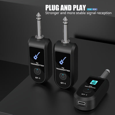 Sistema de captación de guitarra inalámbrico con enchufe de 6,35 mm, batería de litio recargable incorporada, transmisor y receptor inalámbricos para guitarra, violín, teclado, preamplificador y instrumentos electrónicos.