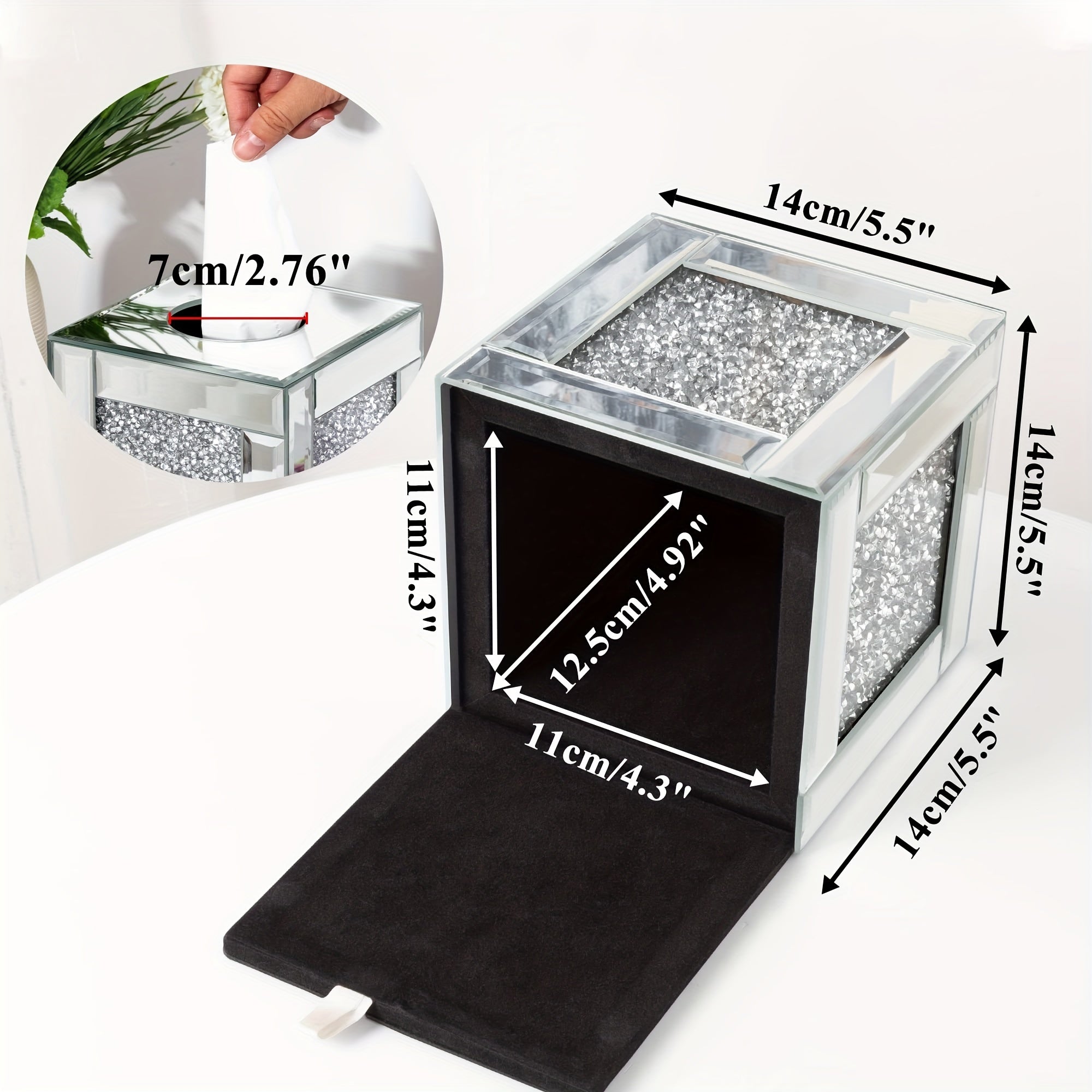 Lujo Caja de Pañuelos de Vidrio con Diamantes Triturados - Exquisito Soporte Cuadrado con Espejo y Cristales Brillantes para Decoración de Baño, Tocador y Mesa - Perfecto para Decoraciones de Halloween y Navidad