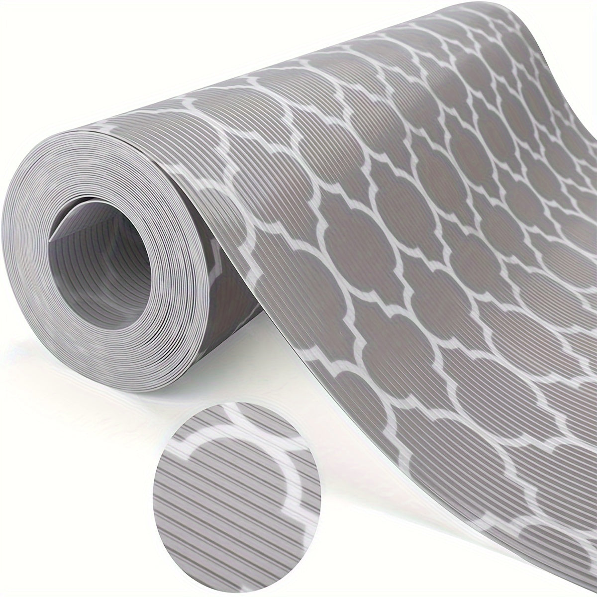 1 Rollo de Forro para Estantes Impermeable y No Adhesivo con Diseño Elegante de Trébol Gris y Blanco y Ondas - Tapete de Plástico Duradero y Cortable para Refrigeradores, Cajones de Cocina, Armarios | Antideslizante, Impermeable, Mantel para Refrigerador