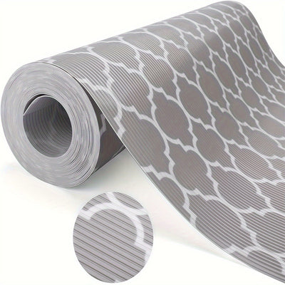 1 Rollo de Forro para Estantes Impermeable y No Adhesivo con Diseño Elegante de Trébol Gris y Blanco y Ondas - Tapete de Plástico Duradero y Cortable para Refrigeradores, Cajones de Cocina, Armarios | Antideslizante, Impermeable, Mantel para Refrigerador