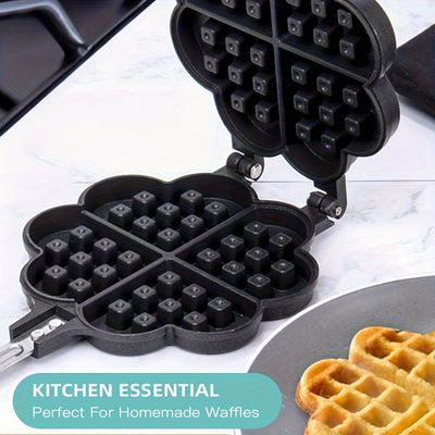 1 pieza, sartén de waffles de corazón de doble cara antiadherente, molde de waffles de aleación de aluminio con mango negro, perfecto para waffles belgas y sandwiches, accesorio de cocina para hornear, molde de waffles