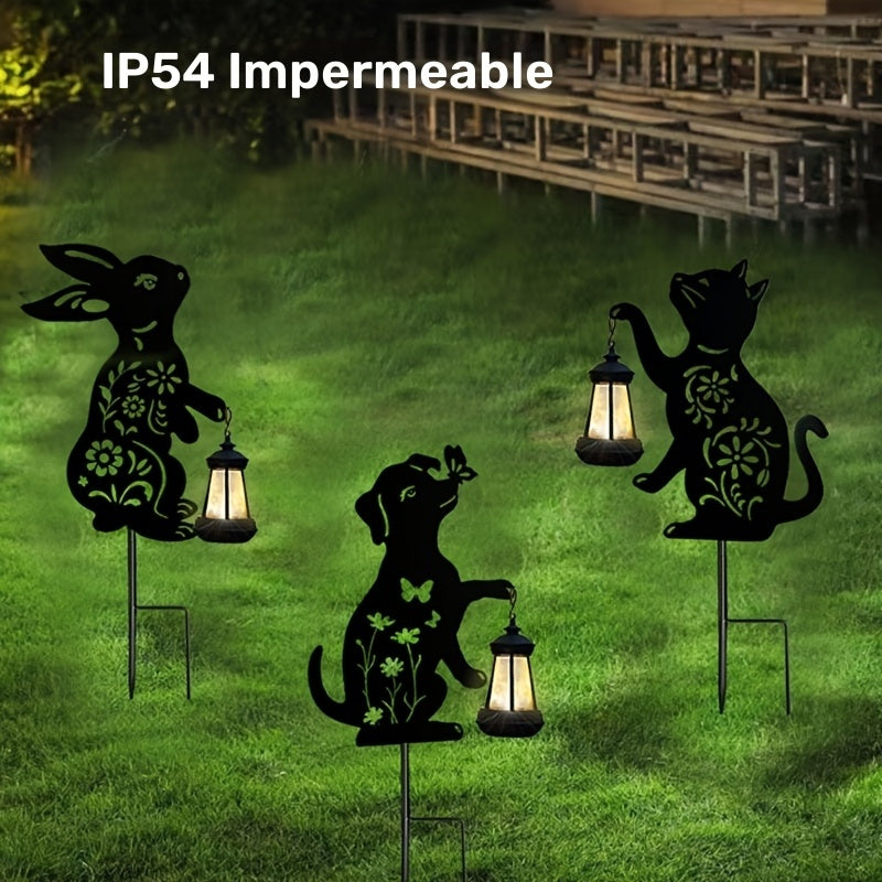 1pieza Lámpara de silueta de gato, perro y conejo alimentada por energía solar - Luz de jardín LED duradera para exteriores, impermeable IP54, ideal para decoración de patio y jardín, iluminación exterior | Diseño juguetón | Lámpara alimentada por energí