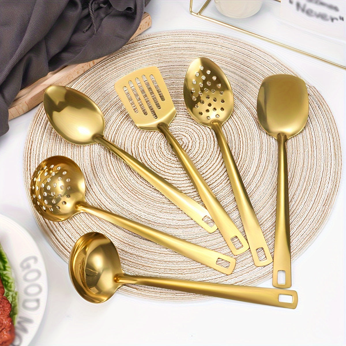Juego de 6 utensilios de cocina de acero inoxidable - Prácticas herramientas de cocina con cuchara ranurada, espumadera, cuchara maciza, espátula, espátula ranurada - Batería de cocina multiusos duradera para el hogar y el restaurante