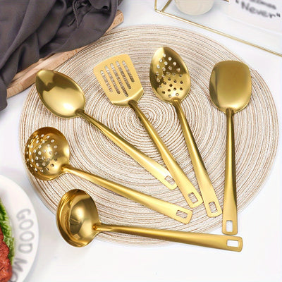 Juego de 6 utensilios de cocina de acero inoxidable - Prácticas herramientas de cocina con cuchara ranurada, espumadera, cuchara maciza, espátula, espátula ranurada - Batería de cocina multiusos duradera para el hogar y el restaurante