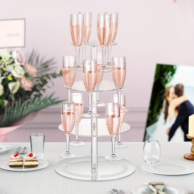 Soporte Elegante de 3 Niveles para Cócteles Transparente con Acrílico y 12 Porta Vasos - Exhibidor de Copas de Champán de Dos y Tres Pisos, Ideal para Fiestas y Eventos