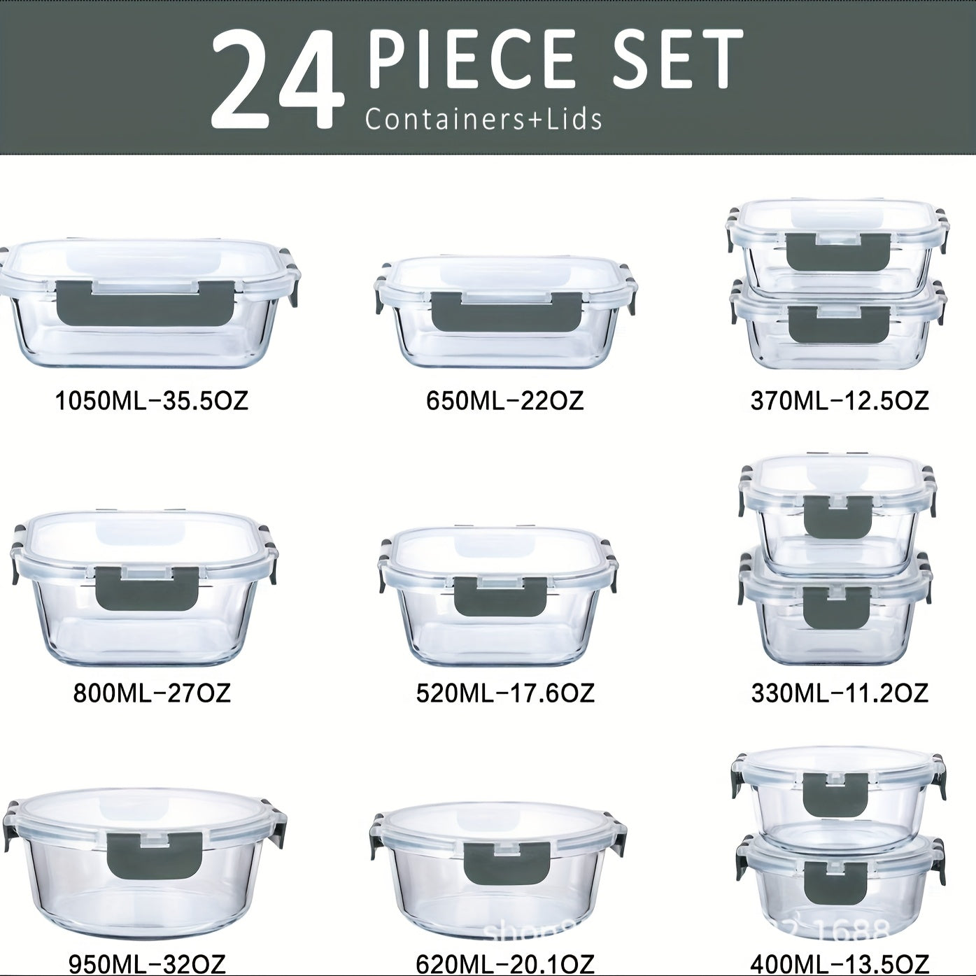 Paquete de 24, 12 Contenedores para Almacenamiento de Alimentos Sellados y Congelables con 12 Tapas, Recipiente de Cocina, Caja de Vidrio para el Mediodía, Contenedor de Vidrio Cubierto