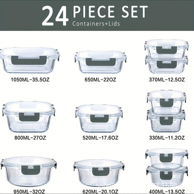 Paquete de 24, 12 Contenedores para Almacenamiento de Alimentos Sellados y Congelables con 12 Tapas, Recipiente de Cocina, Caja de Vidrio para el Mediodía, Contenedor de Vidrio Cubierto