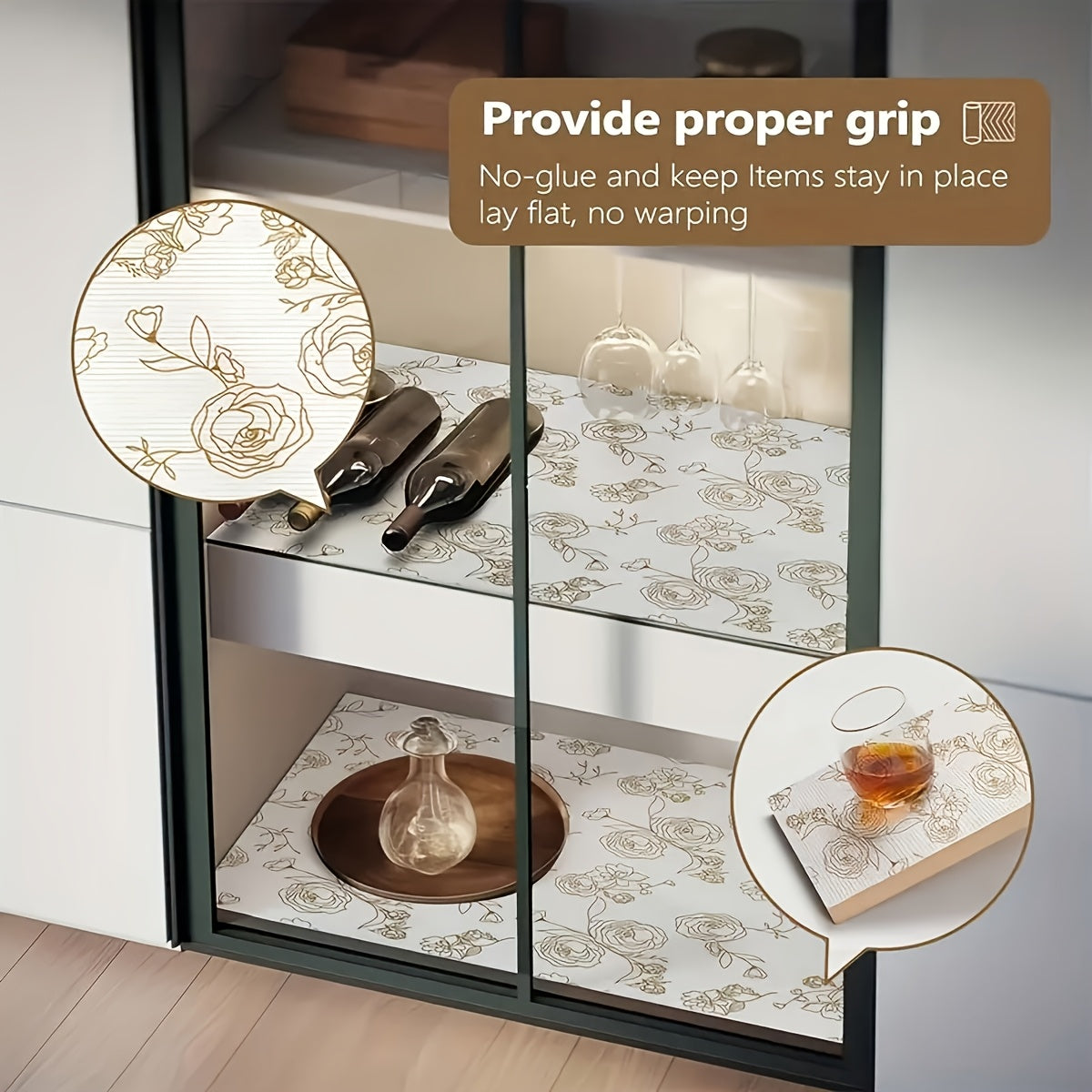 Rollo de Forro para Estantería EVA con Diseño Floral Dorado No Adhesivo - Impermeable, Antideslizante para Armarios y Cajones en Cocina, Baño y Organización del Despensa