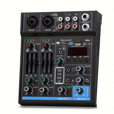Depusheng M4 Mezclador de Audio de 4 Canales - Grabación USB, Alimentación Phantom de 48V, Ideal para Estudios y Actuaciones en Vivo