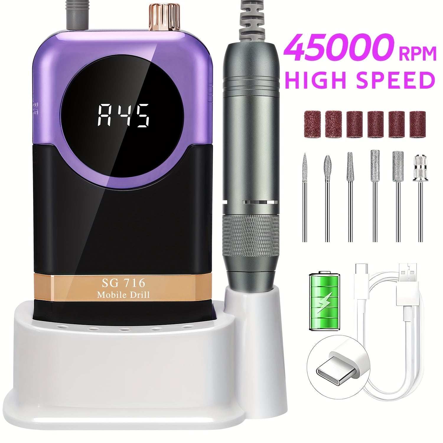 Kit de Máquina Profesional para Uñas Recargable 45000 RPM con Lima Eléctrica para Manicura, Eliminación y Pulido de Gel