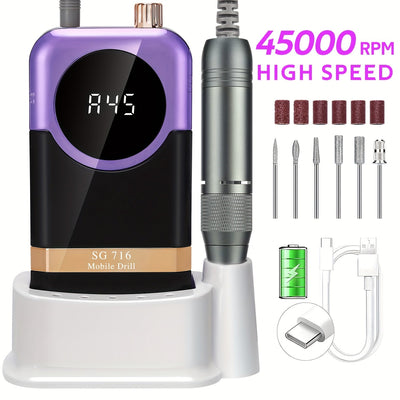 Kit de Máquina Profesional para Uñas Recargable 45000 RPM con Lima Eléctrica para Manicura, Eliminación y Pulido de Gel