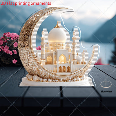 Decoración Acrílica Estilo Bohemio de Mezquita 2D Plana - Adorno para Mesa Ramadan Eid, Hogar, Oficina y Café - Pieza Artística Cultural sin Necesidad de Electricidad, Diseño Arquitectónico Intrincado, Detallada Artesanía, Decoración Islámica, 2D Plano