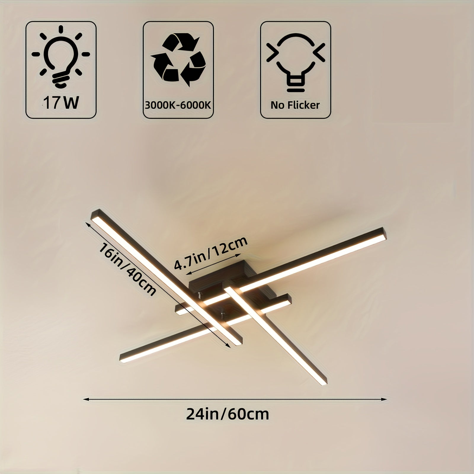 1pc 60.96cm 3-Color 4-Light Plafón de Techo 17w LED Regulable Iluminación de Techo Negro Empotrado Araña Lámpara de Techo para Cocina, Sala de Estar, Dormitorio