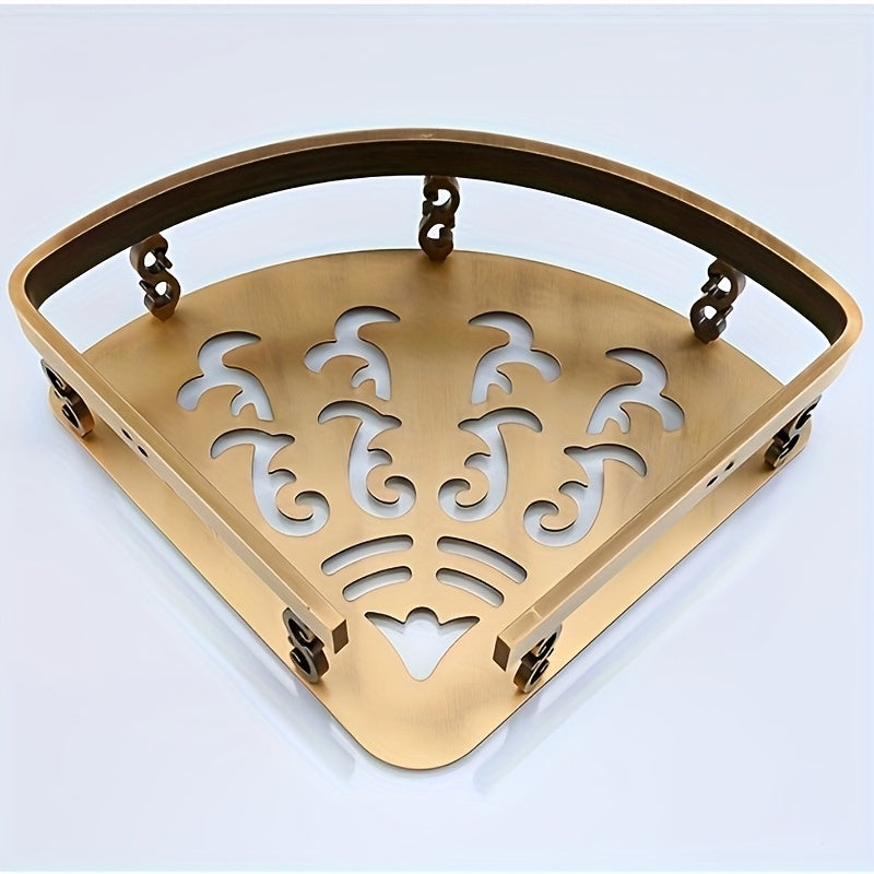 Elegante estante de ducha de esquina con acabado de latón estilo europeo antiguo - Soporte de almacenamiento de pared de aluminio para baño, diseños florales decorativos, no incluye tuberías metálicas, decoración y accesorios para el baño.