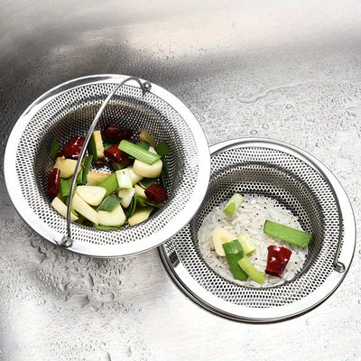 1 pieza, Cernidor de fregadero de acero inoxidable con asa, resistente a la herrumbre, filtro de malla antiatascos para fregaderos de cocina y baño, evita con facilidad los atascos, ideal para drenar restos de verduras y frutas, incluye acero inoxidable