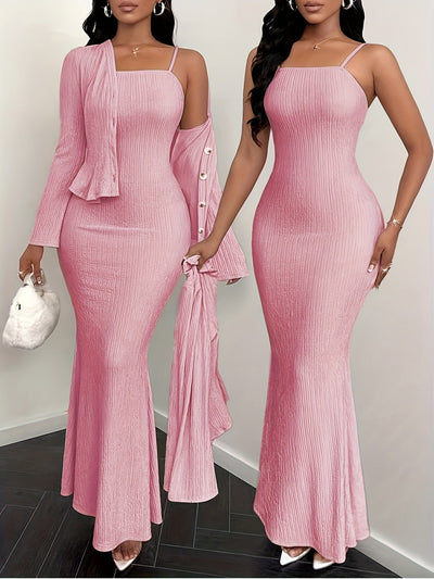 YY0102111 Conjunto Elegante de Vestido Camisola y Cárdigan de Color Sólido 2 Piezas, Adecuado para Primavera Verano Otoño