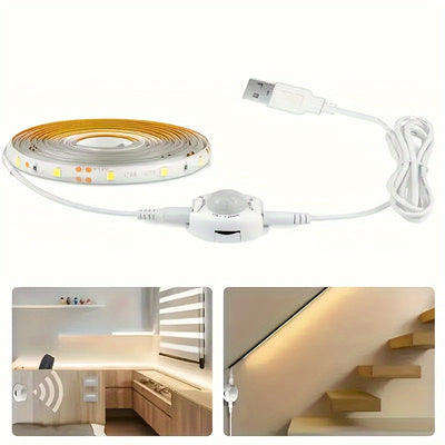 AMILL Luz de Escaleras con Sensor de Movimiento LED | Tira de Iluminación Flexible de 5m Alimentada por USB | Blanco/Cálido Doble Color | Deteción Infrarroja | Montaje en Pared, Acabado Pulido | Ideal para Escaleras, Pasillos y Gabinetes | Eficiente Ener