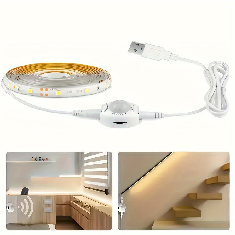 AMILL Luz de Escaleras con Sensor de Movimiento LED | Tira de Iluminación Flexible de 5m Alimentada por USB | Blanco/Cálido Doble Color | Deteción Infrarroja | Montaje en Pared, Acabado Pulido | Ideal para Escaleras, Pasillos y Gabinetes | Eficiente Ener
