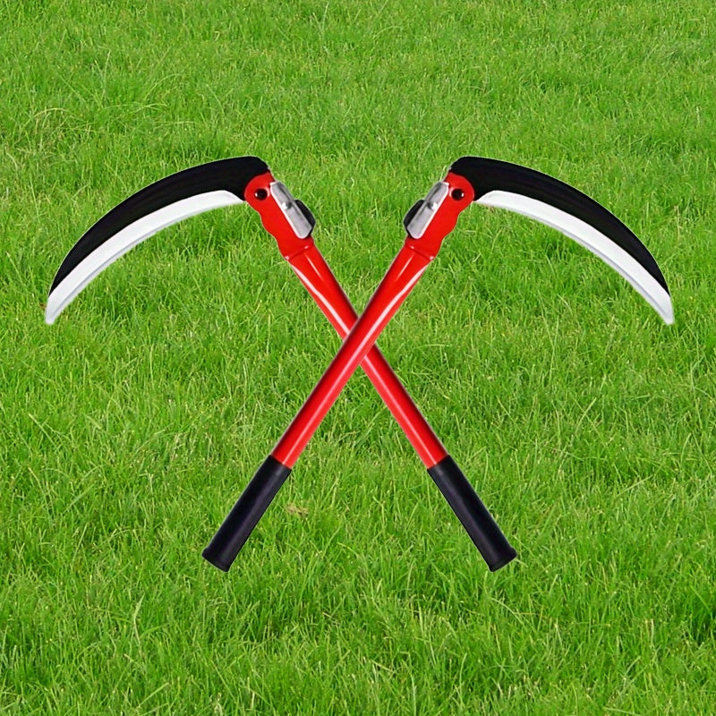 2 piezas de cuchilla de corteza plegable de alta resistencia con mango largo - Cortadora de malezas manual de acero de manganeso rojo y negro para jardín, césped y uso agrícola - Cortadora de trigo versátil y cortadora de césped, herramienta de jardinerí