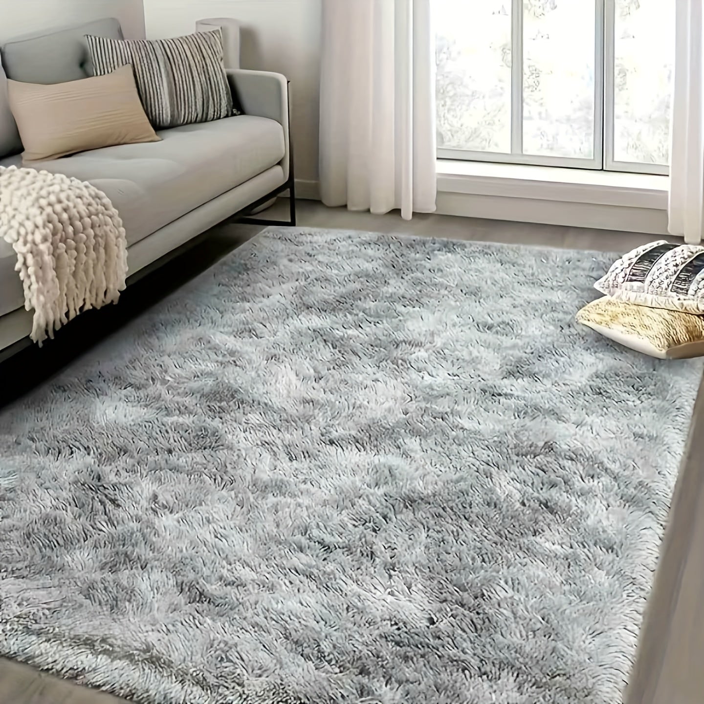 Alfombra grande para sala, diseño tie-dye en tono gris agua, textura esponjosa y ultra suave, moderna y decorativa, ideal para dormitorio
