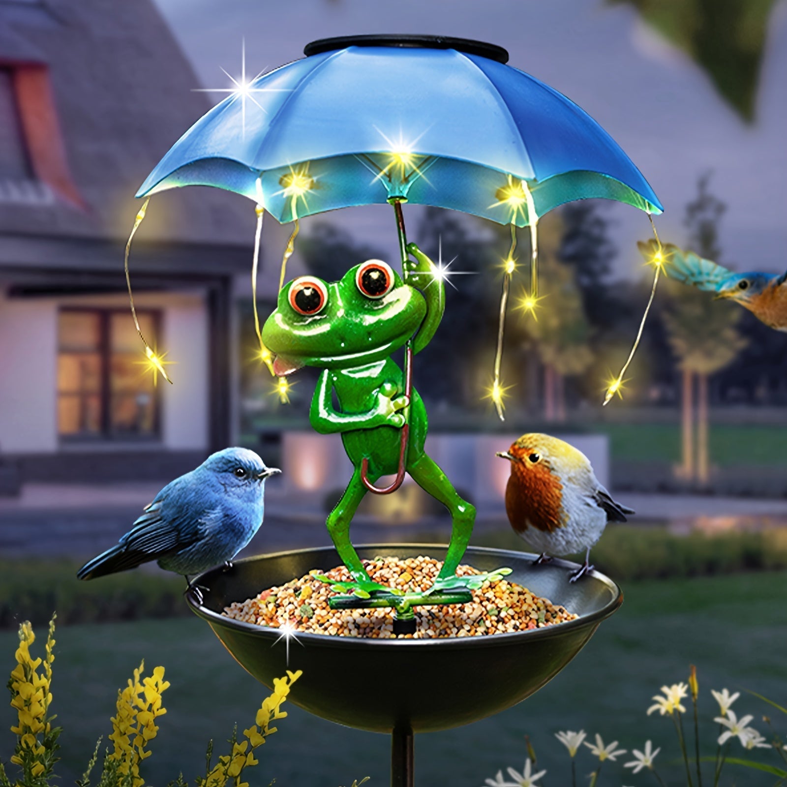 Estatua de rana solar CYCG con luz de calle y comedero de pájaros - Decoración de jardín al aire libre con luces de cuerda LED, construcción de hierro resistente al tiempo, brillo ajustable para patio, césped, terraza - Batería de níquel duradera, sin co
