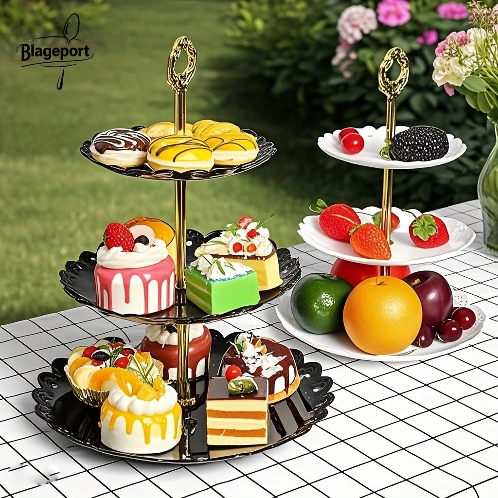Soporte de pastel redondo de 3 niveles con asas doradas - Soporte de postre duradero de polipropileno para pasteles, cupcakes y pasteles - Ideal para fiestas, cumpleaños, duchas y decoración de mesa elegante, suministros para decoración de pasteles