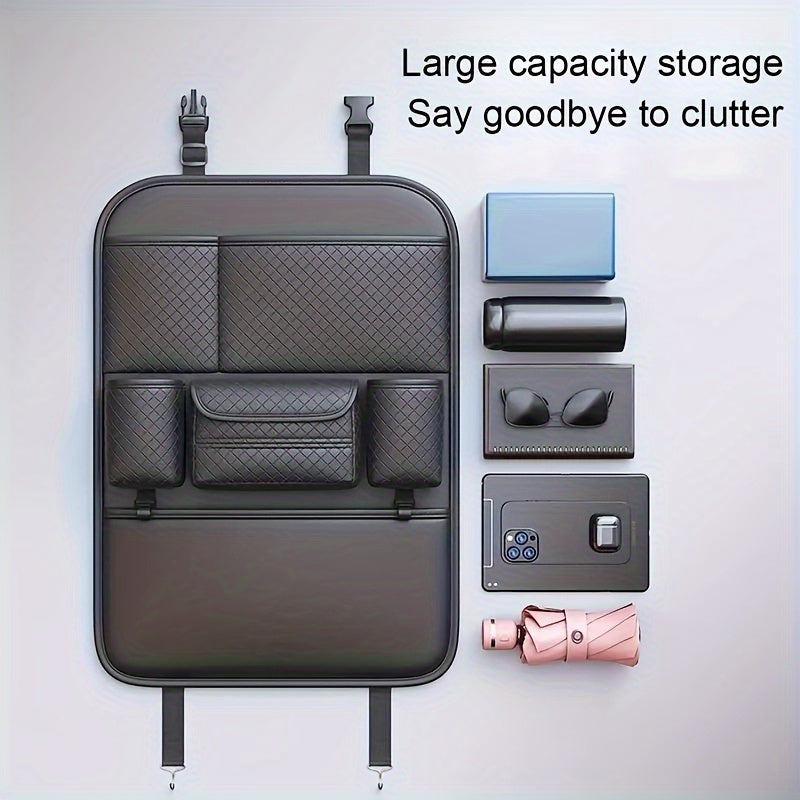 Bolsa de almacenamiento de respaldo de asiento de automóvil Ling Grid 4021, Negro, Sin necesidad de energía, Organizador de vehículo con caja de pañuelos, estante de almacenamiento de respaldo de silla para almacenamiento y organización de garaje y hogar