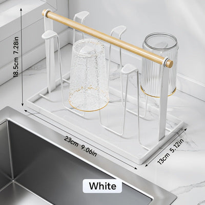 Estante de secado de tazas con mango de madera, soporte de tazas de metal con 6 bandejas de drenaje desmontables, diseño de hierro duradero, recubrimiento anticorrosivo, estante de secado de platos para encimera de cocina.