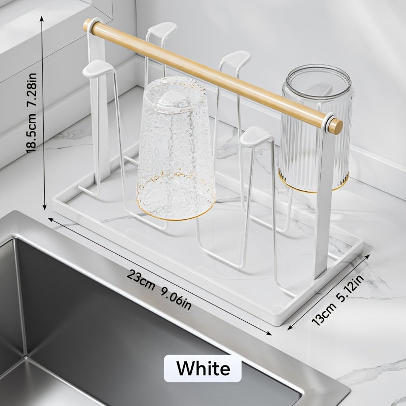 Estante de secado de tazas con mango de madera, soporte de tazas de metal con 6 bandejas de drenaje desmontables, diseño de hierro duradero, recubrimiento anticorrosivo, estante de secado de platos para encimera de cocina.