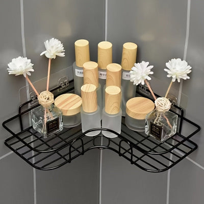 Organizador de baño de acero inoxidable negro resistente al óxido, con 2 repisas para champú, tónico y cosméticos, montaje en pared sin necesidad de taladrar