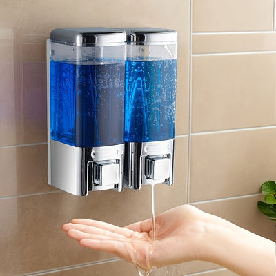 2 dispensadores de jabón sin taladro para montar en pared, con grifo automático sin contacto, dispensador de champú y gel de baño de plástico, fácil instalación para cocina y baño, diseño transparente, plástico duradero