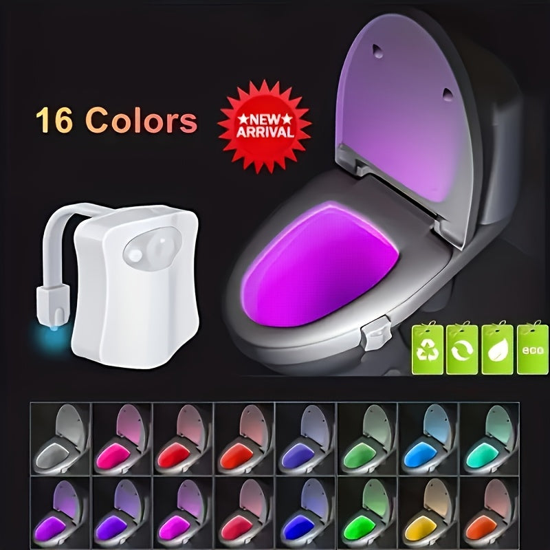Luz nocturna para inodoro con sensor de movimiento LED de 16 colores, detección por infrarrojos, alimentada por baterías, encendido/apagado automático, fácil instalación en cualquier taza de baño, diseño moderno con brillo ajustable y control remoto