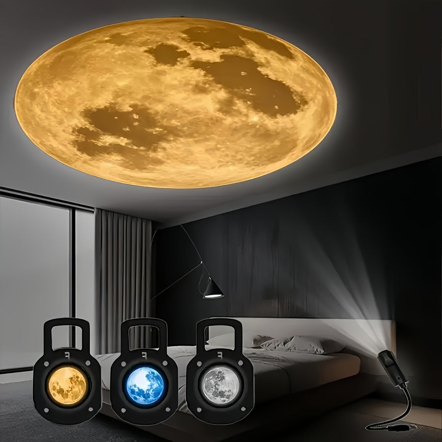1 luz + 3 luces de luna en amarillo, blanco y azul con interfaz USB, lámpara LED portátil proyectora para techo, fondo fotográfico giratorio 360°, accesorios para computadora, iluminación decorativa para dormitorio